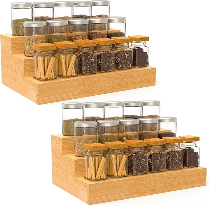 2 Pack Spice Rack Riser for Cabinet, Bamboo Spice Organizer Display Shelf for Kitchen Countertop