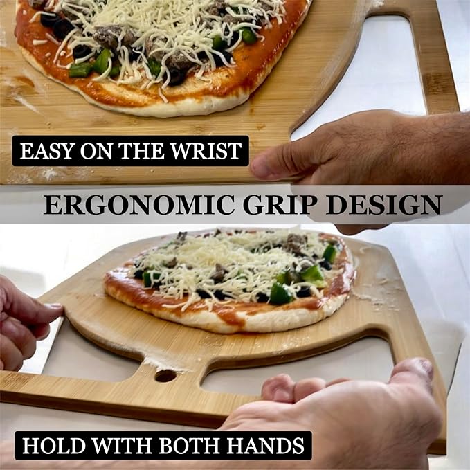17"x13.5" Bamboo Pizza Peel & Cutting Board 2-in-1 | Dual-Grip Wooden Pizza Paddle with Pizza Spatula | Large Pizza Board Baking Accessories | Pizza Turning Peel for Oven, 2-in-1 Pizza Set