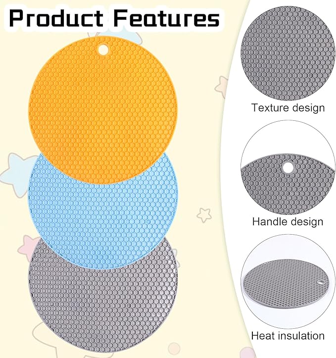 3 Pcs Silicone Jar Opener Pads, Multi-function Texture Can Opener Multipurpose Round Bottle Lid Openers Non-slip Coasters for Weak Hands Arthritis Seniors Children, Orange, Blue, Gray