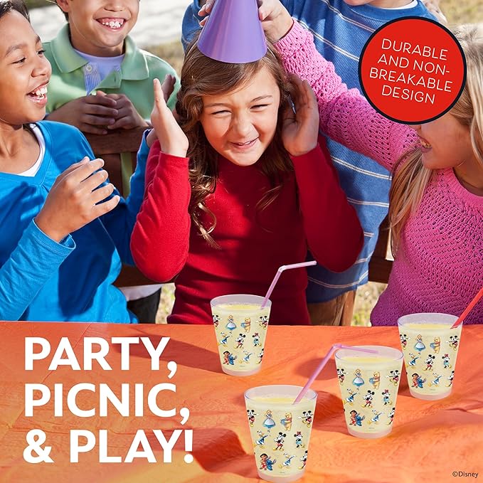 Disney Reusable Plastic Cups – 4 Pack 16 oz Plastic Drinking Glasses with Mickey, Stitch, Pooh, or Disney100 Designs – BPA-Free, Stackable, Top Rack Dishwasher Safe Tumblers for Water, Juice & More