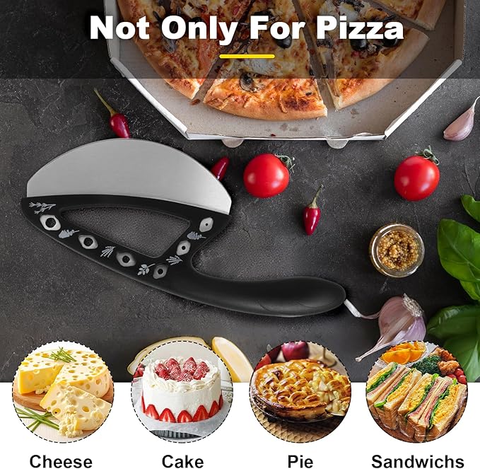 2-in-1 Pizza Cutter Rocker Blade with Herb Stripper Holes, Sharp Stainless Steel Pizza Knife with Protective Cover, Dishwasher Safe,Herb Stripping Tool for Basil,Rosemary