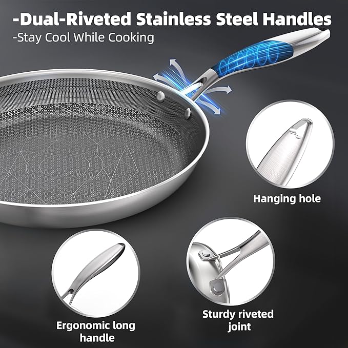 COOKER KING 10-Inch Stainless Steel Pan, Hybrid Nonstick Frying Pan, Skillet, 3-Ply Clad Cookware, Even Heat Distribution, Dishwasher & Oven Safe, with Stay-Cool Handle, Induction Compatible