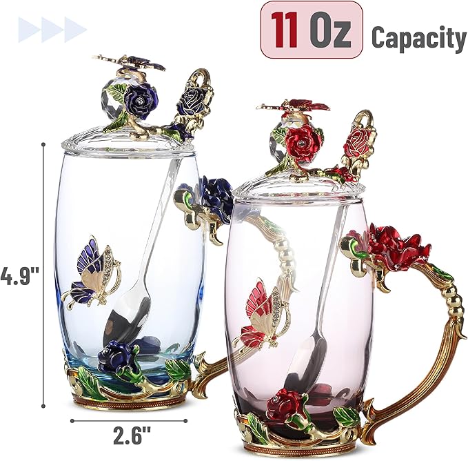 BTaT- Floral Glass Tea Cups with Lids, Pack of 2, Flower Tea Cups, Flower Glass Mug
