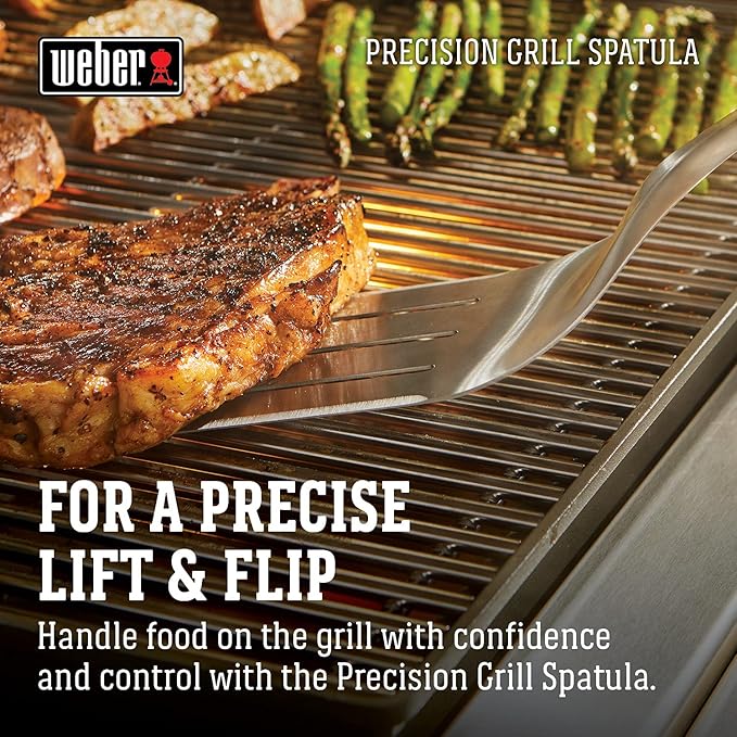 Weber Precision Grill Spatula, Silver – Stainless Steel BBQ Spatula with 3‑Sided Beveled Edge, Non‑Slip Soft‑Touch Handle, Hanging Loop, Dishwasher Safe