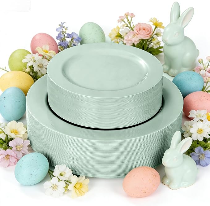 FLOWERCAT 60PCS Sage Green Plates - Heavy Duty Plastic Plates Disposable for Party/Easter - Include 30PCS 10.25inch Sage Green Dinner Plates and 30PCS 7.5inch Dessert Plates
