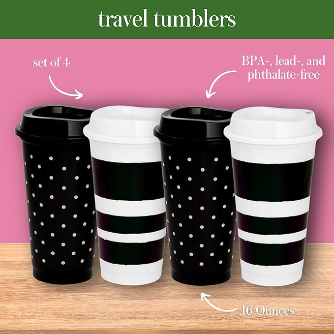 kate spade new york Black/White Reusable Coffee Cups with Lids, Travel Tumbler Set of 4, 16oz BPA-Free Plastic Cups with Lids, Coffee Mugs for Hot or Cold Drinks, Dots and Stripes