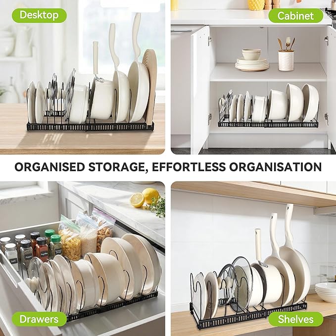 Pots and Pans Organizer under Cabinet, Expandable 11.81''-22.83'' Pot and Pan Organizer, Pot Lid Organizer with 14 Adjustable Dividers for Lids, Baking Trays, Skillets (Black, 14 Dividers)