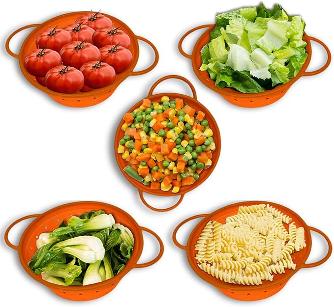 Silicone Colander, Collapsible Colander, Kitchen Food Strainer, Colander with Handles, Space-Saving Design, 2-pack
