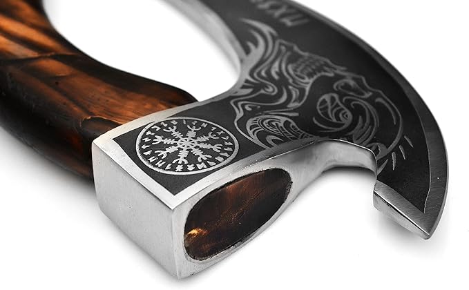Handmade 11” Pizza Cutter, 10” Cutting Blade with Carbon Steel, Leather Sheath, Skull Design, Viking Style Pizza Cutter Design. Multi-Purpose Cutter… (Dark Wood Handle)