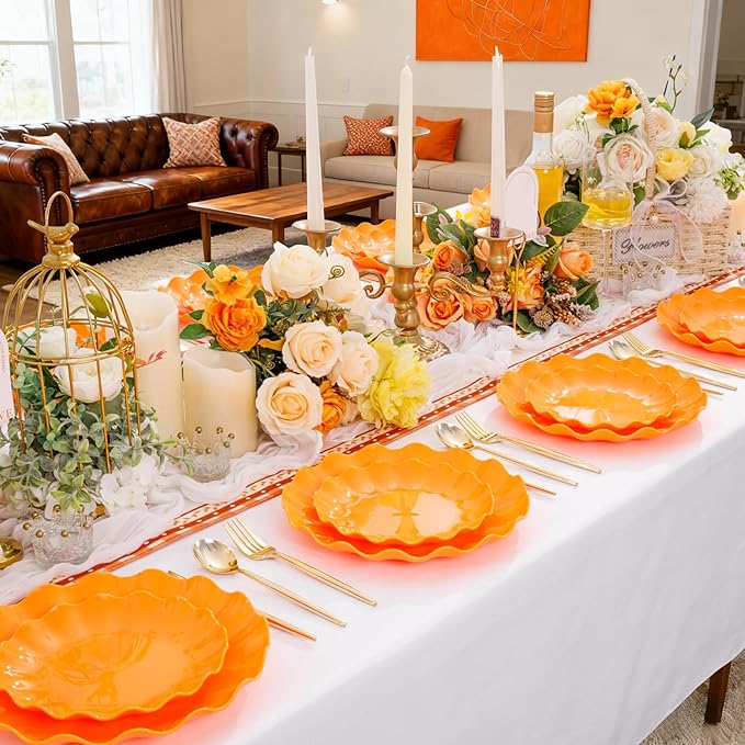 LIYH 50 Pcs Orange Scalloped Heavy Duty Reusable Unbreakable Plastic Plates for Party, Dishwasher Safe BPA Free (25 Guests) - 10 Inch Dinner Plate and 7.5 Inch Dessert Plates