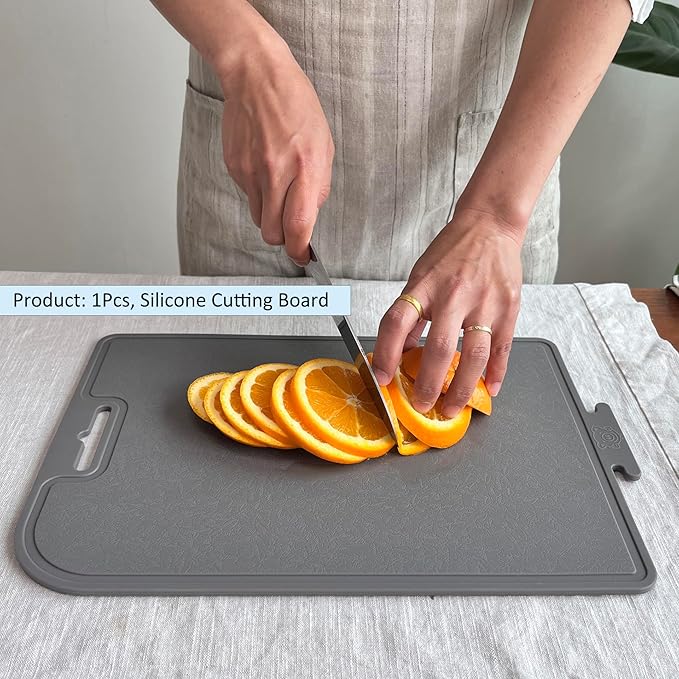 Korean Made Thick Silicone Double-Sided Usable Cutting Board 14.3" x 9.7" Foldable Design Drip Groove Grip Handle Dishwasher Safe Gray Color 1PCS Gift for Mom (Gray) Stocking Stuffer