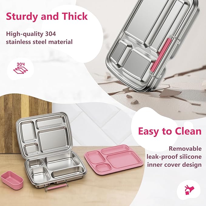 Stainless Steel Bento Lunch Box for Kids & Adults, 4 Compartment Kids Lunch Box, Metal Bento Box with Silicone Container and Stainless Steel Sauce Container,BPA-Free,School,Office(Pink)