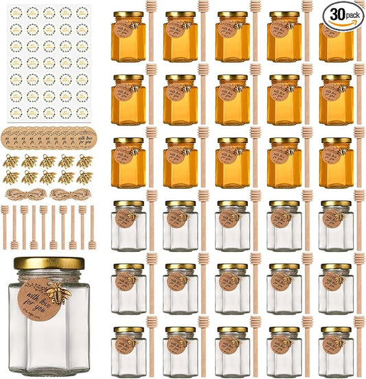 4 oz Small Honey Jars with Dipper, 30 Pack Hexagon Honey Jar for Baby Shower, Empty Glass Jars for Wedding Favors and Party Favors