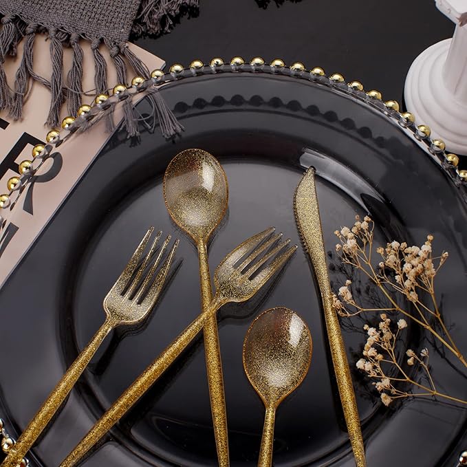Supernal 180pcs Gold Plastic Silverware Durable Plastic Silverware Gold Glitter Color Party Cutlery Disposable Flatware Heavy Duty Include 60 Forks,60 Knvies,60 Spoons for Wedding,Birthday (Pack of 2)