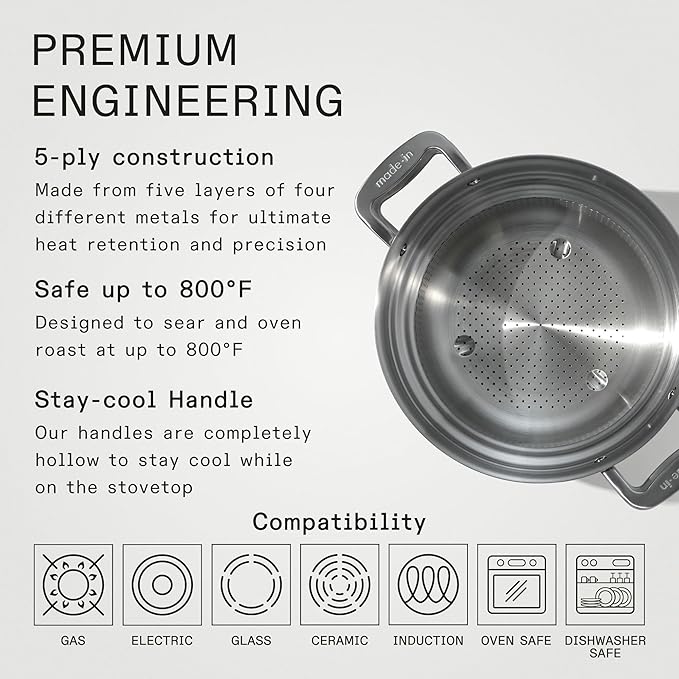 Made In Cookware | 8 Quart Stainless Steel Stock Pot With Lid and Pasta Insert | 5 Ply Stainless Clad | Professional Cookware | Crafted in Italy | Induction Compatible