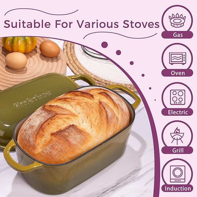 4.6-Quart Oval Dutch Oven for Bread Baking, 2 in 1 Cast Iron Bread Pan with Lid, Sourdough Bread Dutch Oven for a Crispy Crust, Olive