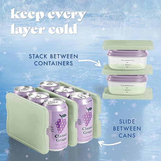 Cool Coolers by Fit & Fresh XL Slim Ice Packs, Quick Freeze Reusable Ice Packs for Lunch Boxes & Coolers, Long-Lasting, Space Saving Cooler Ice Packs, Sage, 4Pk