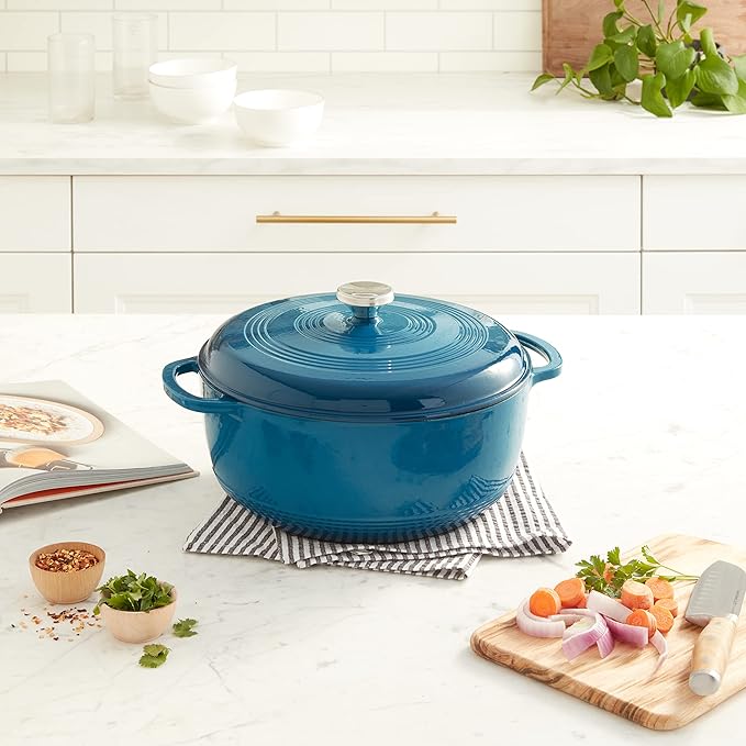 Lodge Essential Enamel Cast Iron Dutch Oven with Lid - Oven-Safe Enamel Cookware up to 500° F - Heat-Retaining Braising & Roasting Pot - Non-Toxic Cookware - 7.5 Quart, Blue