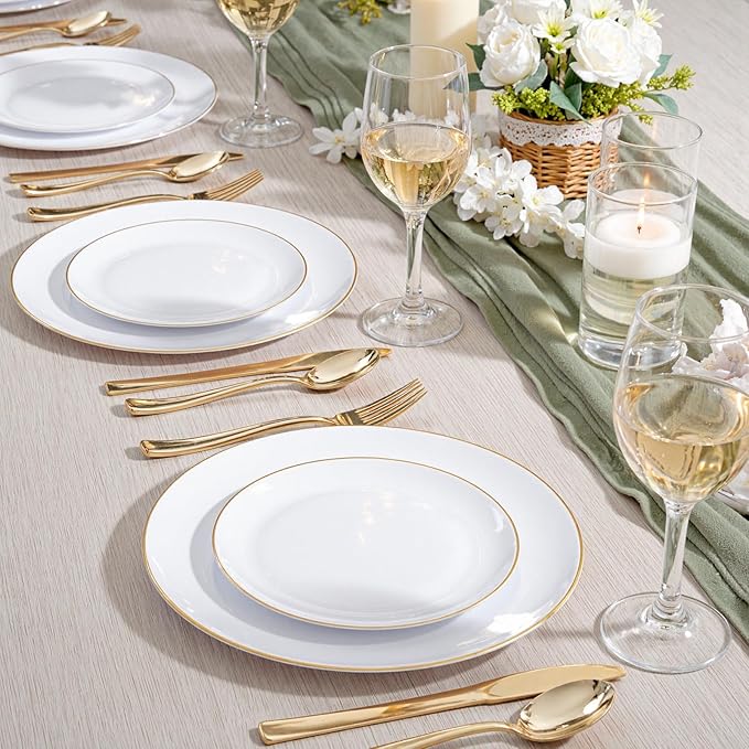 KIRE 200PCS Gold Plastic Plates - Disposable Plates for Party - White Plastic Plates with Gold Rim Include 100 for Dinner and 100 for Dessert/Salad in Wedding/Party/Spring/Ramadan