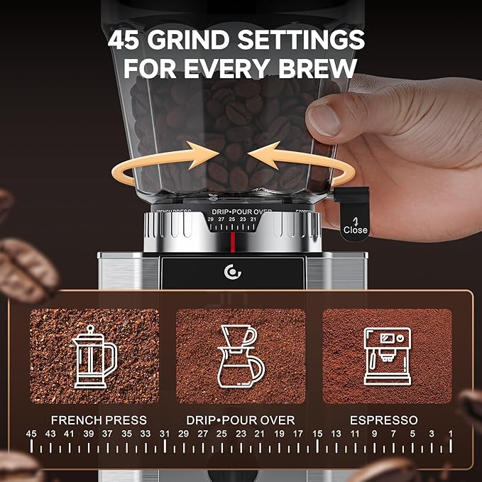 Burr Coffee Grinder with 45 Gind Settings, Anti-Static Conical Burr, Precision Electronic Timer & LED Touchscreen for Espresso/Drip/Cold Brew/French Press, All-Metal Stainless Steel Body, Silver