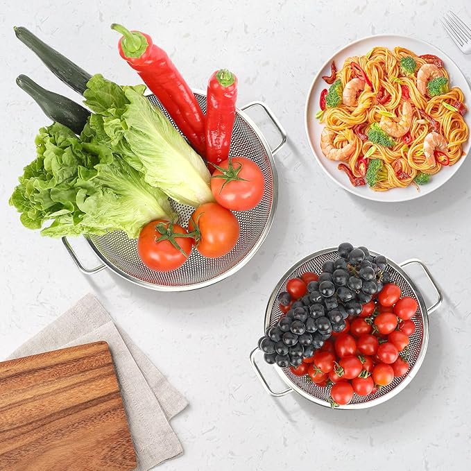 2PCS Colander for Kitchen, 3QT and 5QT, Stainless Steel Colander Strainer with Handle for Fruits Vegetables Cooking Food, Dishwasher Safe