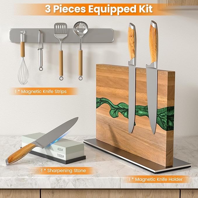 Magnetic Knife Block with Sharpening Stone and Stainless Steel Magnetic Knife Strip, Emojoy Double Side Magnetic Knife Holder, Acacia Wood Knife Block and Green Resin