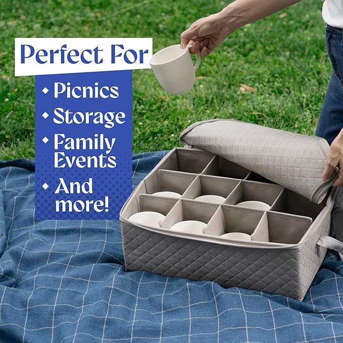 Coffee Mug Storage Bin - Mug Storage Box for Coffee Cups & Mugs (Holds 12 Cups) - Stackable Mug Storage Organizer with Dividers for Kitchen Cabinets & Countertops (Grey & Beige) by Govilla