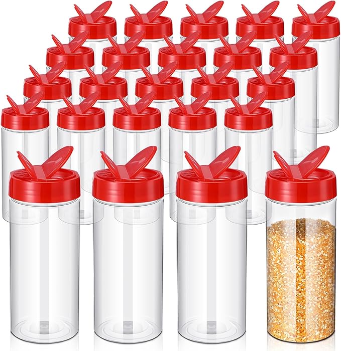 Zhehao 24 Pieces Plastic Spice Containers Plastic Spice Bottles Clear Reusable Large Empty Seasoning Jars with Shaker Lids for Kitchen Storage Seasoning Powder Herbs(16 oz,Cylinder,Clear and Red)
