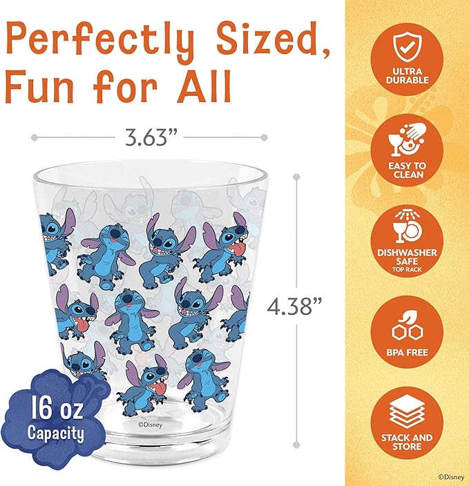Disney Reusable Plastic Cups – 4 Pack 16 oz Plastic Drinking Glasses with Mickey, Stitch, Pooh, or Disney100 Designs – BPA-Free, Stackable, Top Rack Dishwasher Safe Tumblers for Water, Juice & More