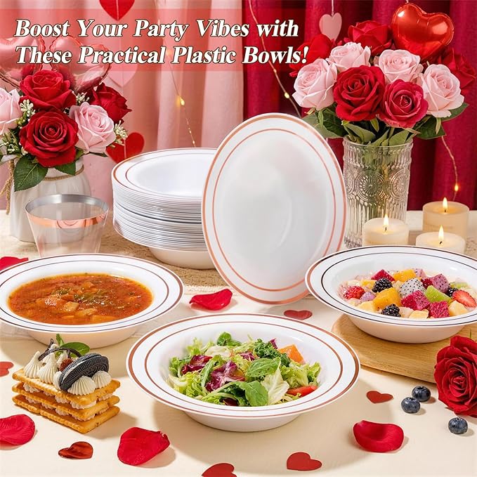 BESTSTAR 50 Pack Disposable Soup Bowls with Rose Gold Rim, 12oz Premium Heavy Duty Plastic Dinner Bowls for Party, Wedding and Holiday