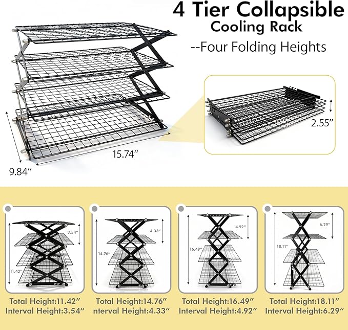 4 Tier Collapsible Cooling Rack - 3 Setting Adjustable & Stackable Stainless Steel Baking Rack, Stackable Cooling Racks for Baking, Cookies, Cakes, Roasting, Grilling, Drying, Space-Saving (Black)