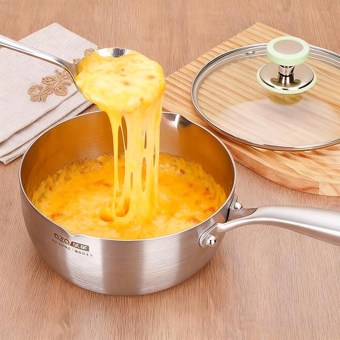 Titanium Saucepan with Lid, Non-Stick Titanium Pot, 500°F Heat Resistant, Fast & Even Heating, Universal Induction Gas Electric Glass Halogen Cooktops, Dual-Pour Spouts Design（2 QT)