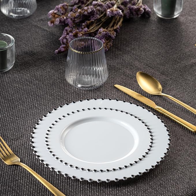 PLASTICPRO 64 Piece Combo Plastic Dinner Plates Disposable Plastic Fancy Heavy Duty Party Dishes 7 inch and 10 inch, White and Black Beaded