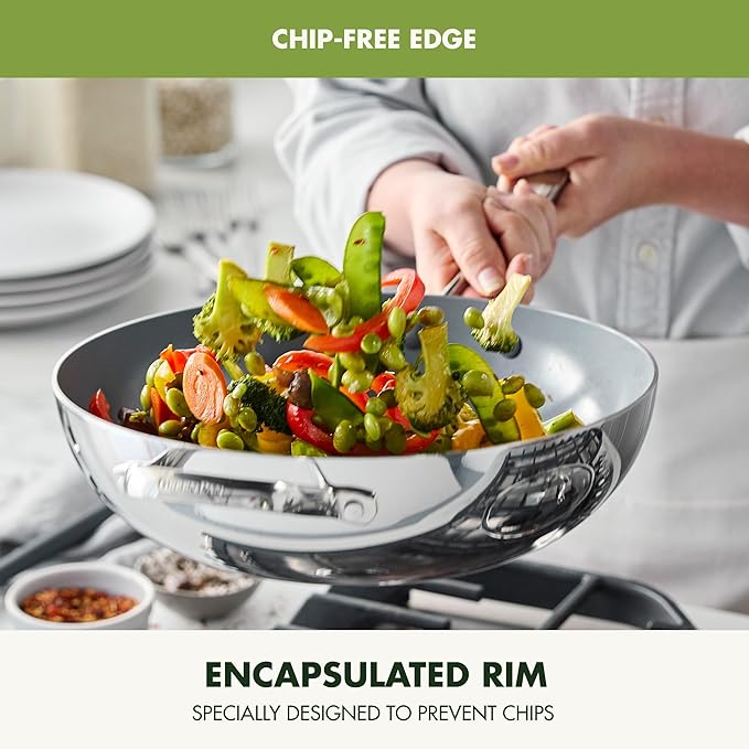 GreenPan Valencia Pro Tri-Ply Stainless Steel 12” Wok with Lid, PFAS-Free Ceramic Nonstick Coating, Induction Ready Cookware, All Cooktops, Dishwasher & Oven Safe to 600F
