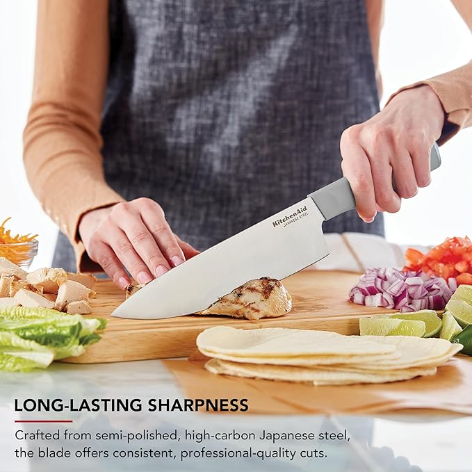 KitchenAid Classic Chef Knife with Custom-Fit Blade Cover, Sharp Kitchen Knife, High-Carbon Japanese Stainless Steel Blade, 8 Inch, Gray