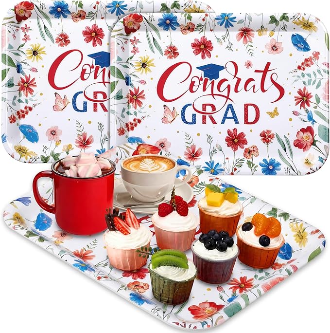 Vesici 3 Pcs Wildflower Graduation Serving Trays 13 x 10 Inch Red Blue Floral Class of 2026 Congrats Grad Melamine Platters Reusable Rectangular Serving Dishes for Graduate Party Snacks Fruit Dessert