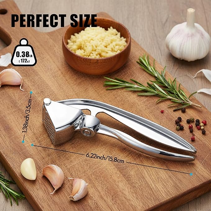 Premium Stainless Steel Garlic Press - Heavy-Duty Professional Garlic Mincer Crusher with Ergonomic Handle, Rust-Proof, Dishwasher Safe, Easy to Squeeze & Clean - Silver