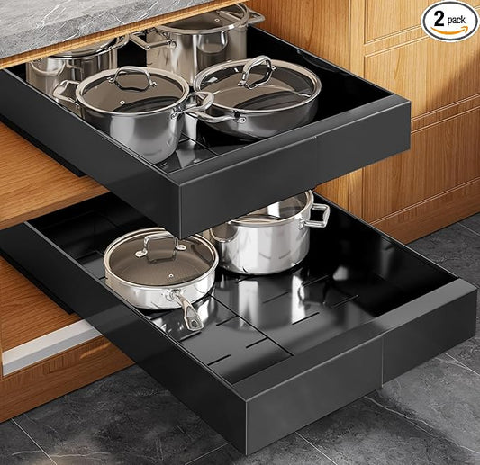 2 Pack Expandable (9"-14") Pull Out Cabinet Organizer 21" Deep With Raising Pad for Framed Cabinets,Upgrade 3 Slide Rails Slide Out Drawers,No Drill Roll Out Shelves Adhesive,Black