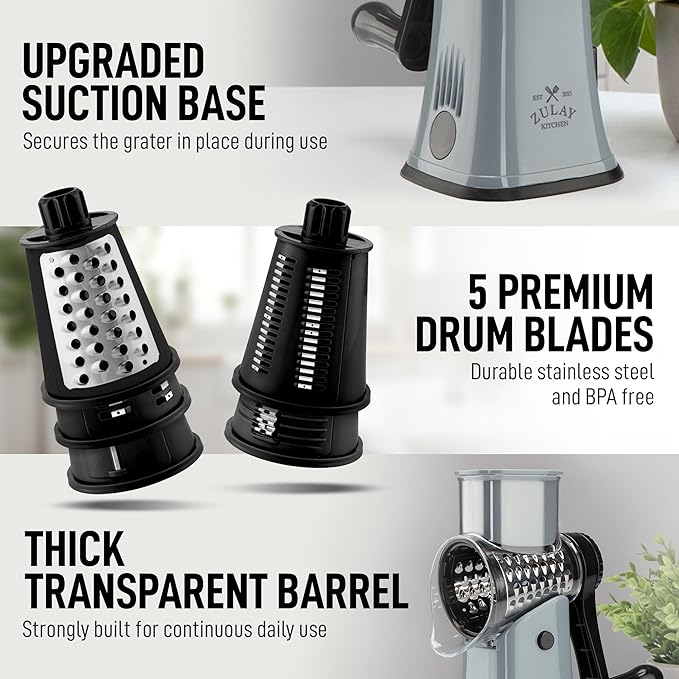 Zulay Kitchen Rotary Cheese Grater 5 Blade Cheese Shredder - Manual Hand Crank Cheese Grater With Reinforced Suction & 5 Interchangeable Drums - Easy to Use, Vegetable Chopper Round Mandoline Slicer