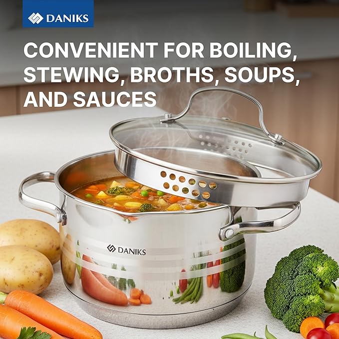 Daniks Tokio Stainless Steel Stock Pot 3 Quart, with Glass Strainer Lid, Induction Ready, Dishwasher Safe, Measuring Scale, Silver