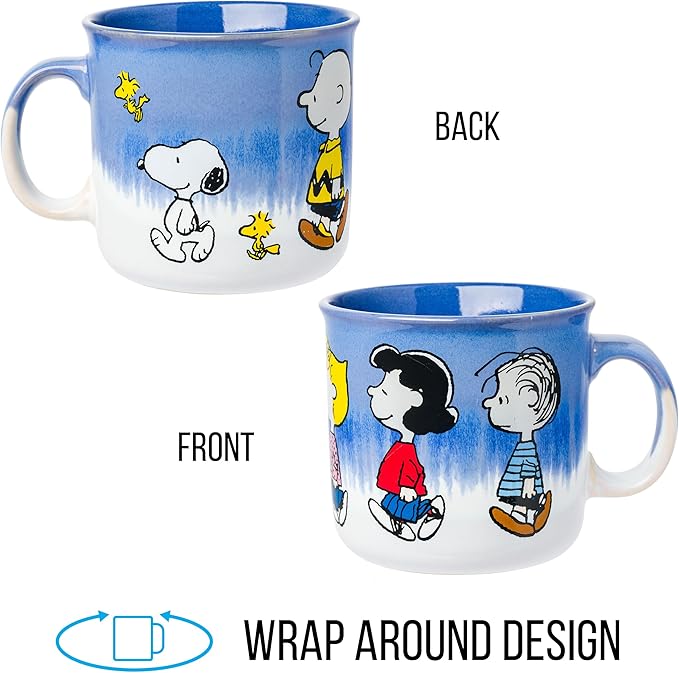 Silver Buffalo Peanuts Reactive Glaze Ceramic Camper Mug Featuring Charlie Brown, Lucy, Sally, Woodstock, and Linus, 20 Ounces
