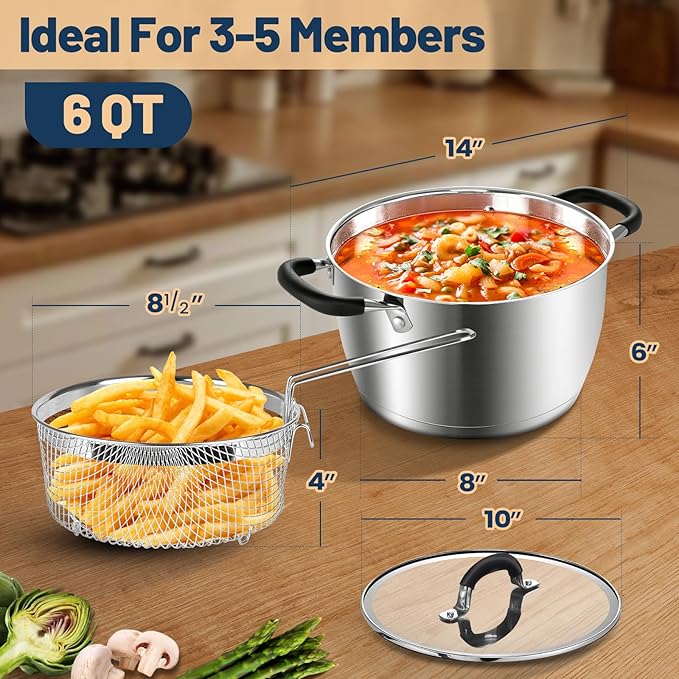 AOSION 6 Quart Stainless Steel Stock Pot with Lid, Deep Fryer Basket for Kitchen Colander Frying Cooking Steaming, 6QT Large Stock Pot for Cooking, Induction Ready, Compatible with All Stoves