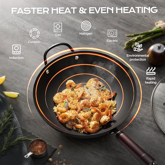 FGJ 13 Inch Wok and 12 Inch Sikllet, Cookware Set, Carbon Steel Woks &Stir-fry Pans Nonstick and Frying Pan, Pre-Seasoned 5.8QT Flat Bottom Chinese Paella Pan, Compatible with All Cooktops