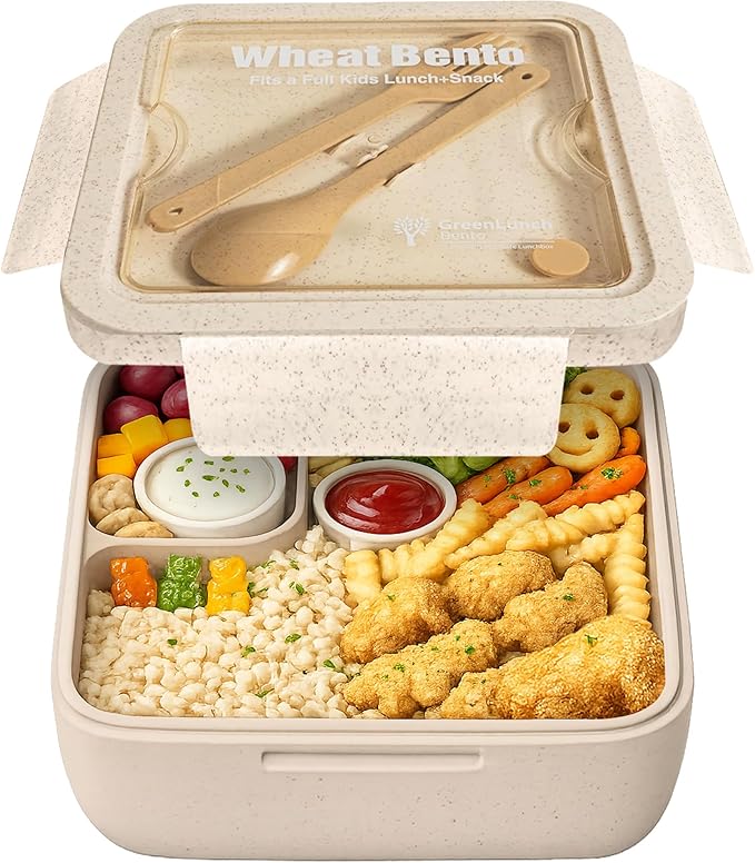 Lunch Box for Kids, Large 2-Compartment, Durable and Microwave Safe, BPA-Free with Utensils, Wheat Straw Snack Containers for Kids – Beige