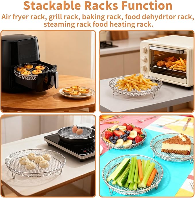 Air Fryer Racks, Cooling Racks for Cooking and Baking 8 inch,Round Stackable Rack with Spare Clip and Silicone Feet, Stainless Steel Kitchen Household, Fit all 4.2QT - 5.8QT Air Fryer