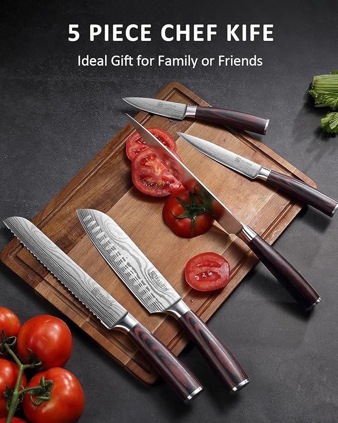 PAUDIN Knife Set, 5PCS Kitchen Knife Set without Block, Stainless Steel Chef Knife Set with Pakkawood Handle, Professional Kitchen Gift Sets for Cooking Lovers