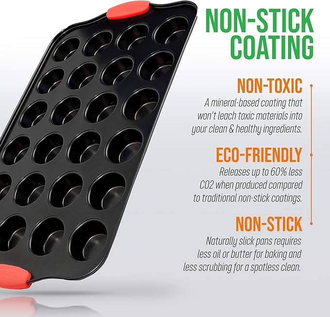 NutriChef 24-Cup Nonstick Mini Muffin Pan with Red Silicone Handles - Carbon Steel Bakeware Tray for Savory & Sweet Treats - Dishwasher Safe, Black