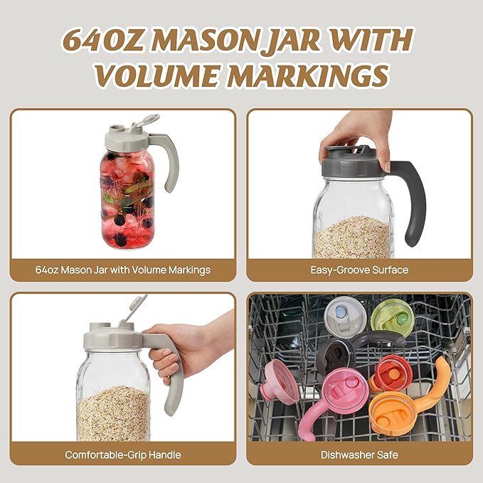 Soligt Glass Mason Jar Pitcher with Lid, Wide Mouth Flip Cap Pour Spout Leak-proof Lid with Handle, 64 oz/2 Quart, for Iced Coffee/Sun Tea Juice/Cold Brew/Milk (2 Pack, Dark Gray + Light Gray)