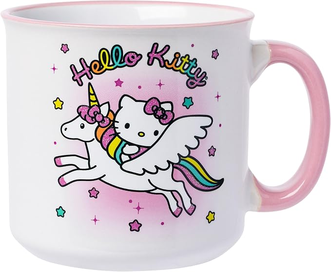 Silver Buffalo Sanrio Hello Kitty Rainbow Unicorn Glitter Ceramic Camper Mug, 20 Ounces