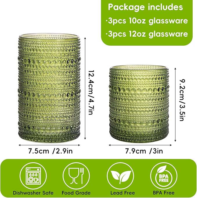 Moretoes Hobnail Drinking Glasses Set of 6, 12 Oz Highball Glasses & 10 Oz Cocktail Glasses, Clear Embossed Boho Glass Cups Kitchen Bar Tumbler Glassware Set for Whiskey, Beer, Juice, Milk (Green)